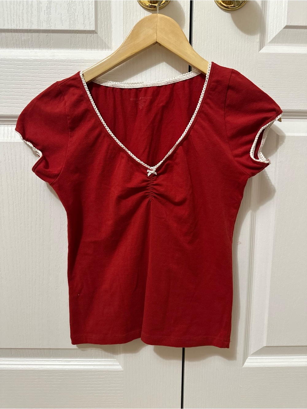 Brandy Melville Red V-Neck Short Sleeve Top with White Lace Trim